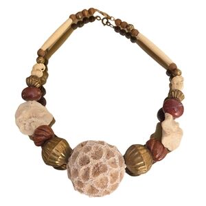 Vintage Coral, Ceramic, & Carved Mini Elephant Necklace